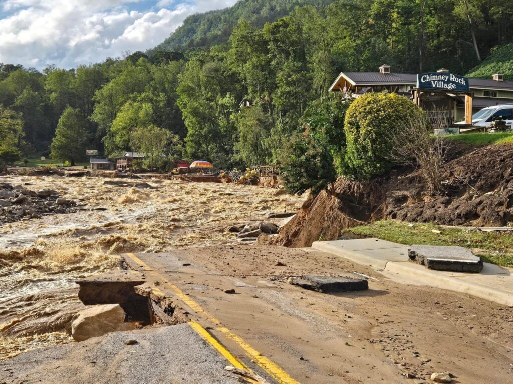 Hurricane Helene flooding in Chimney Rock, NC 