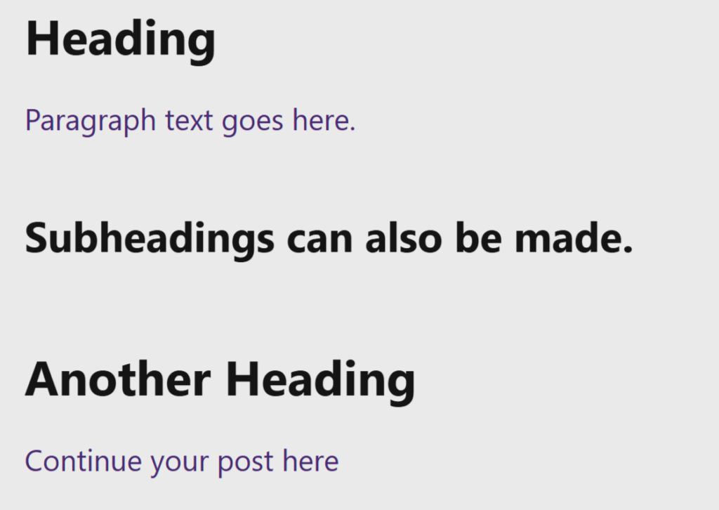 Formatting for headings, subheadings and paragraph text in WordPress