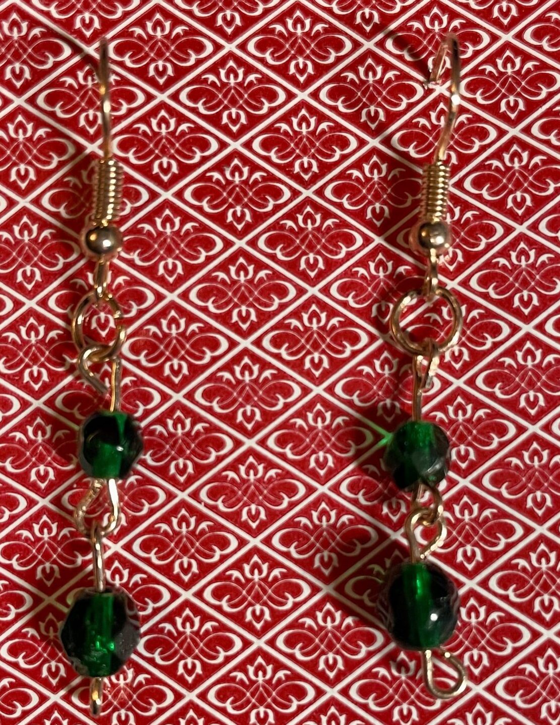 Dark Green Glass Bead Simple Two Tier Earrings