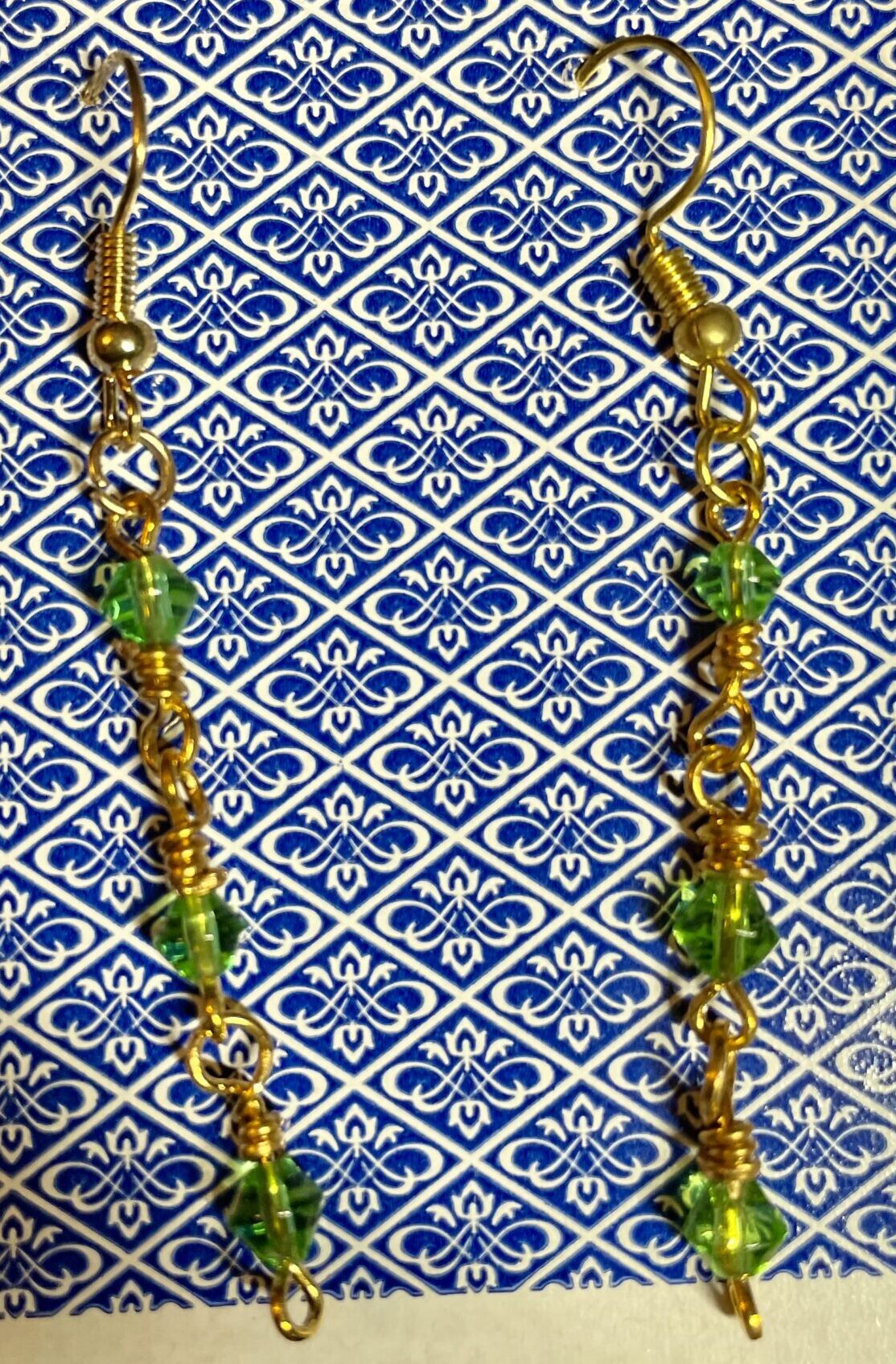 Translucent Green Glass Three Tier Gold Wrap Earrings