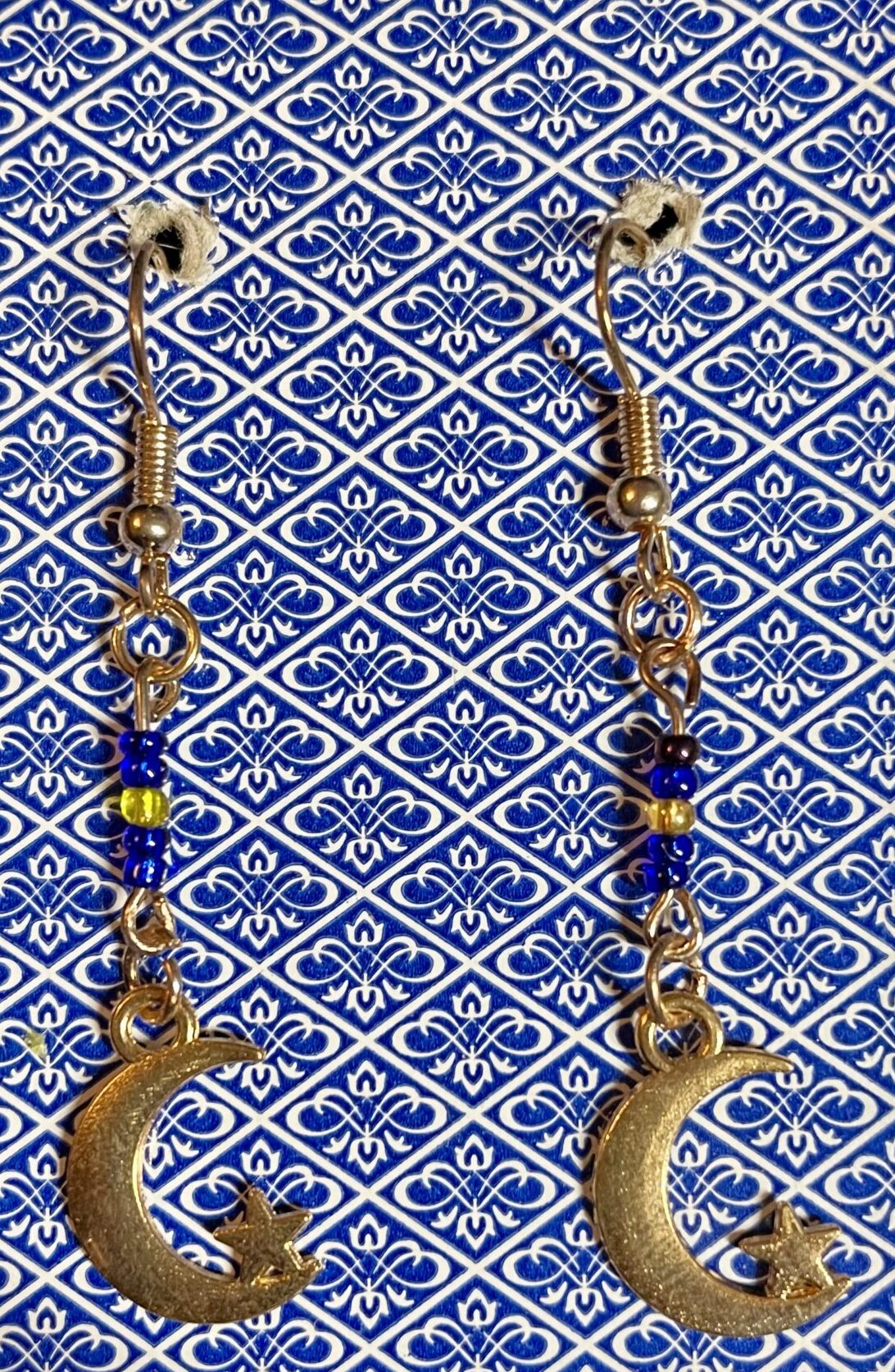 Blue Seed Beads Crescent Moon Charm Earrings