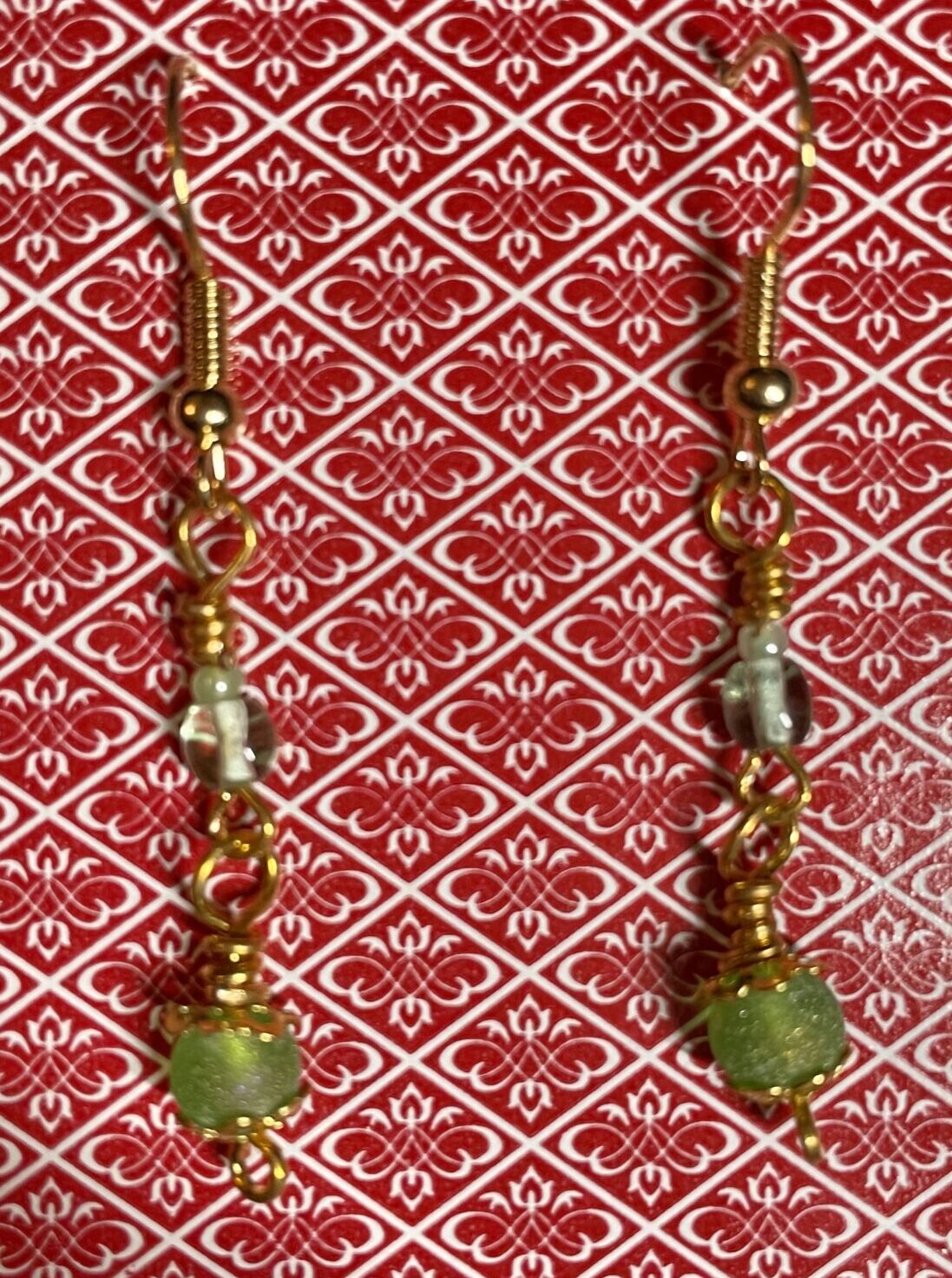 Green Sparkle Glass Bead Two-Tiered Wire Wrap Earrings