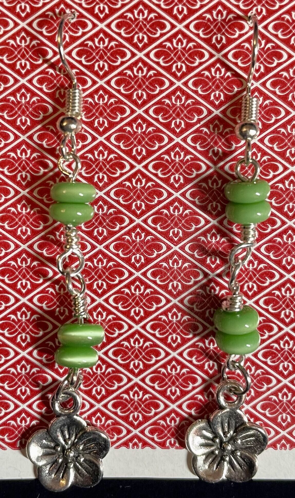 Green Glass Bead Flower Charm Wire Wrap Earrings