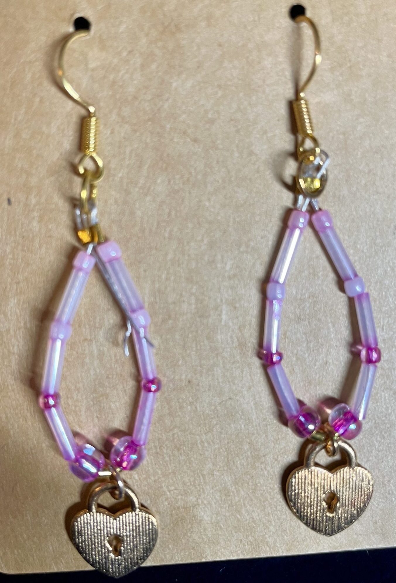 Pink Seed Bead Heart Lock Charm Earrings