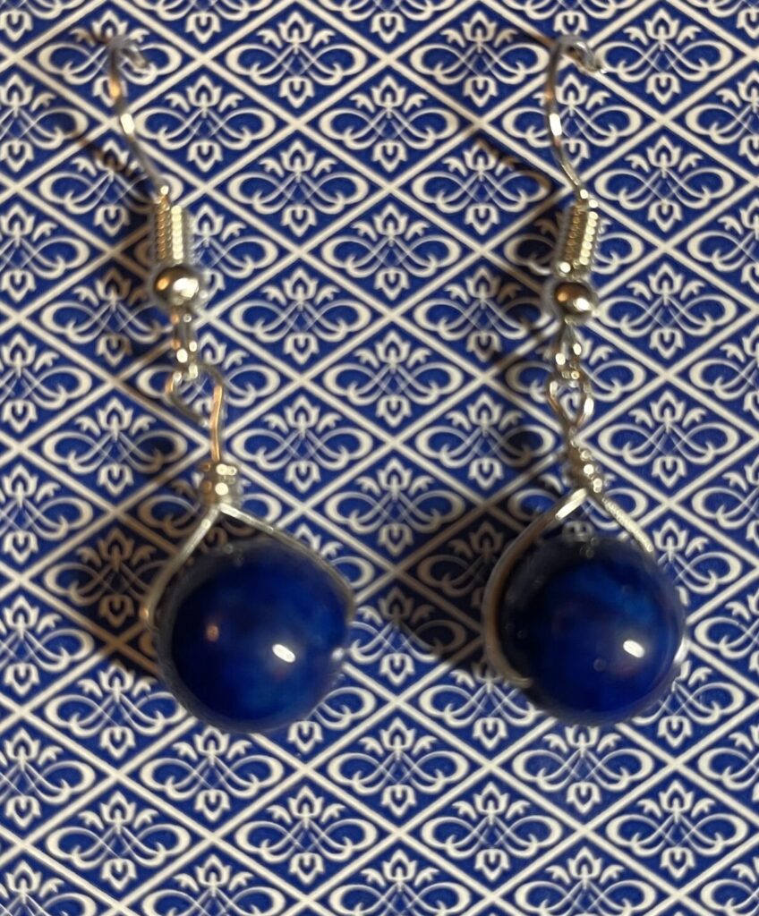 Blue Bead Simple Silver Wire Wrap Earrings
