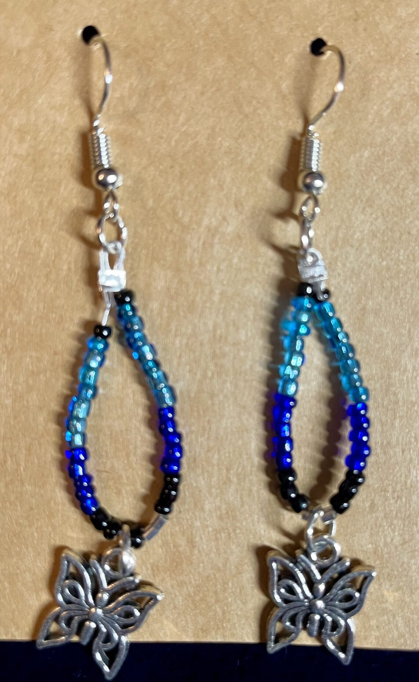 Blue and Black Seed Bead Butterfly Charm Earrings