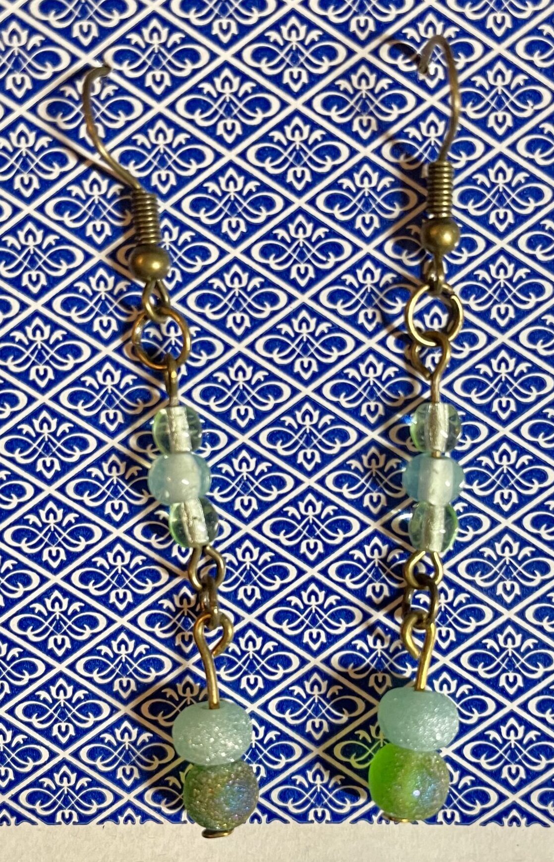 Bronze Light Blue Glass Bead Two Tier Earrings