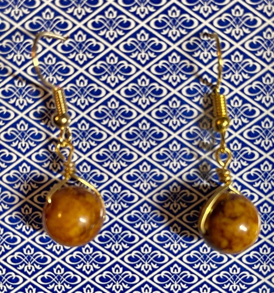 Brown Bead Gold Wire Wrapped Earrings