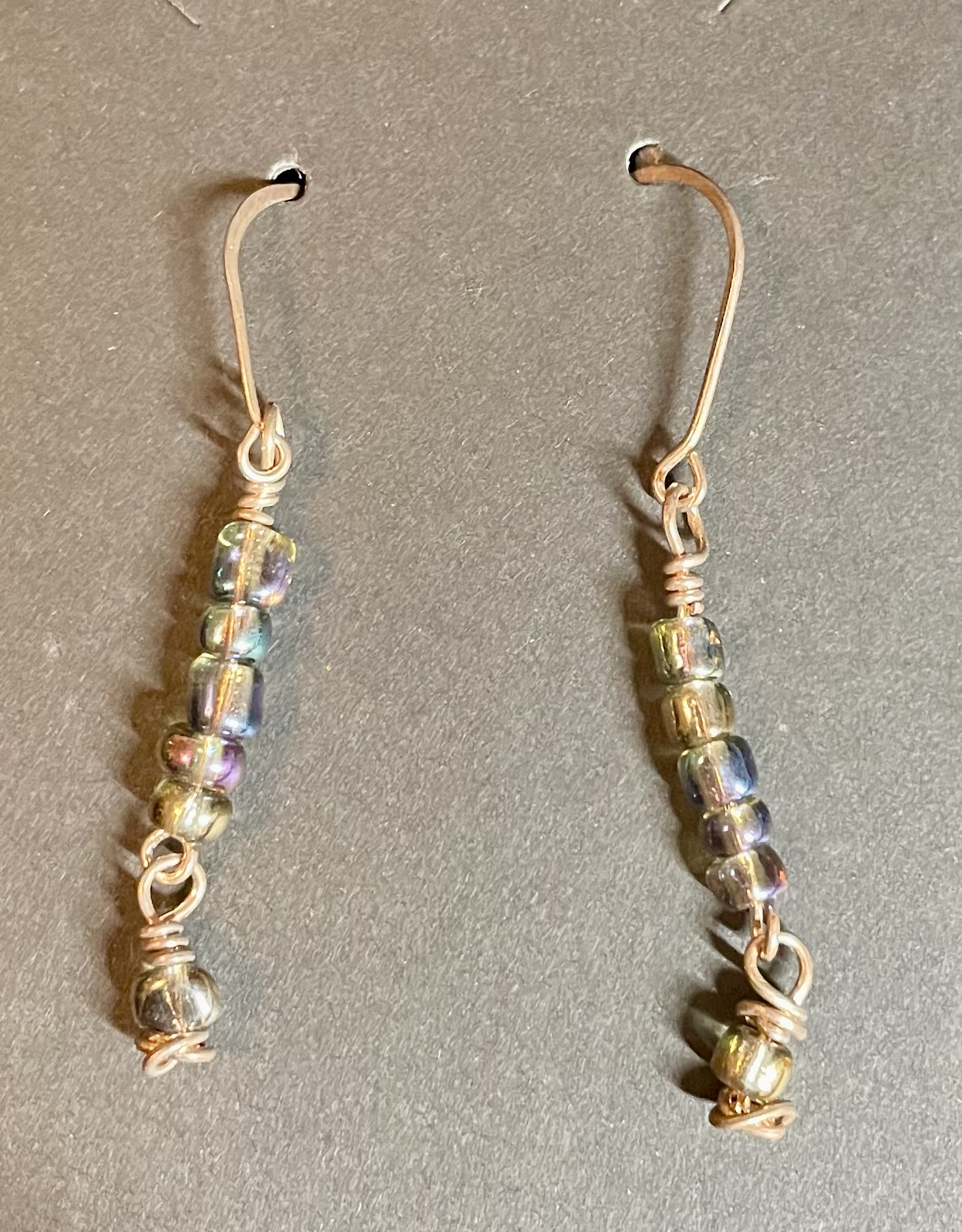 Iridescent Purple Stacked Glass with Simple Dangle Bronze Earrings