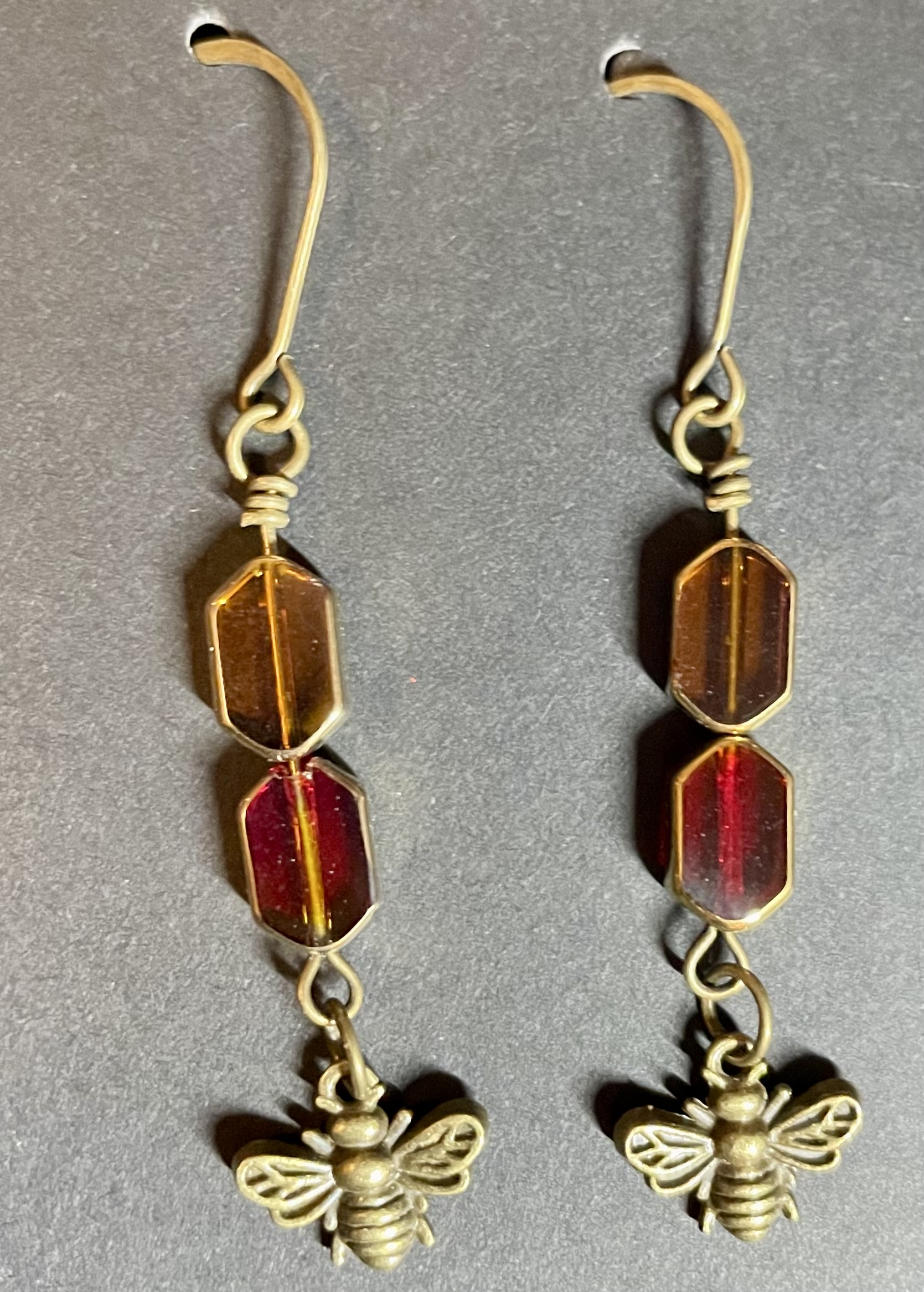 Red and Amber Hexagonal Bead with Bee Charm Bronze Earrings