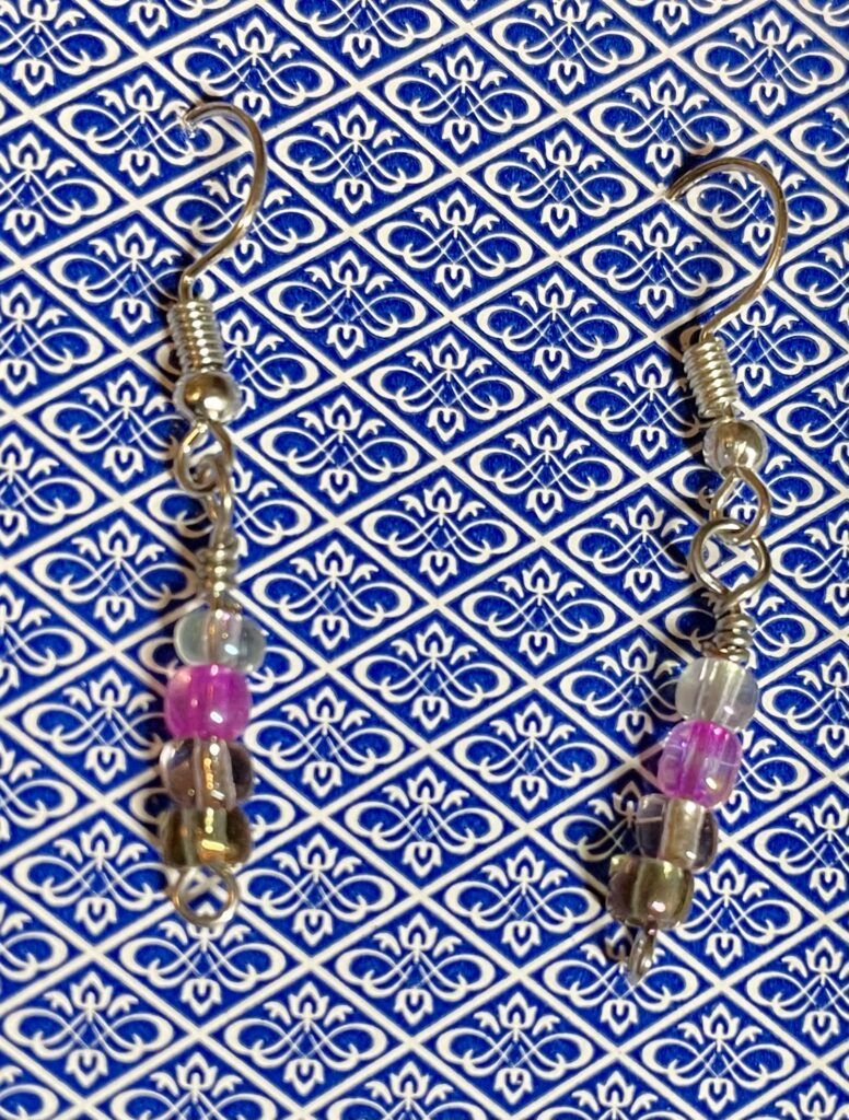 Pink, White, Purple and Iridescent Four Stack Silver Earrings