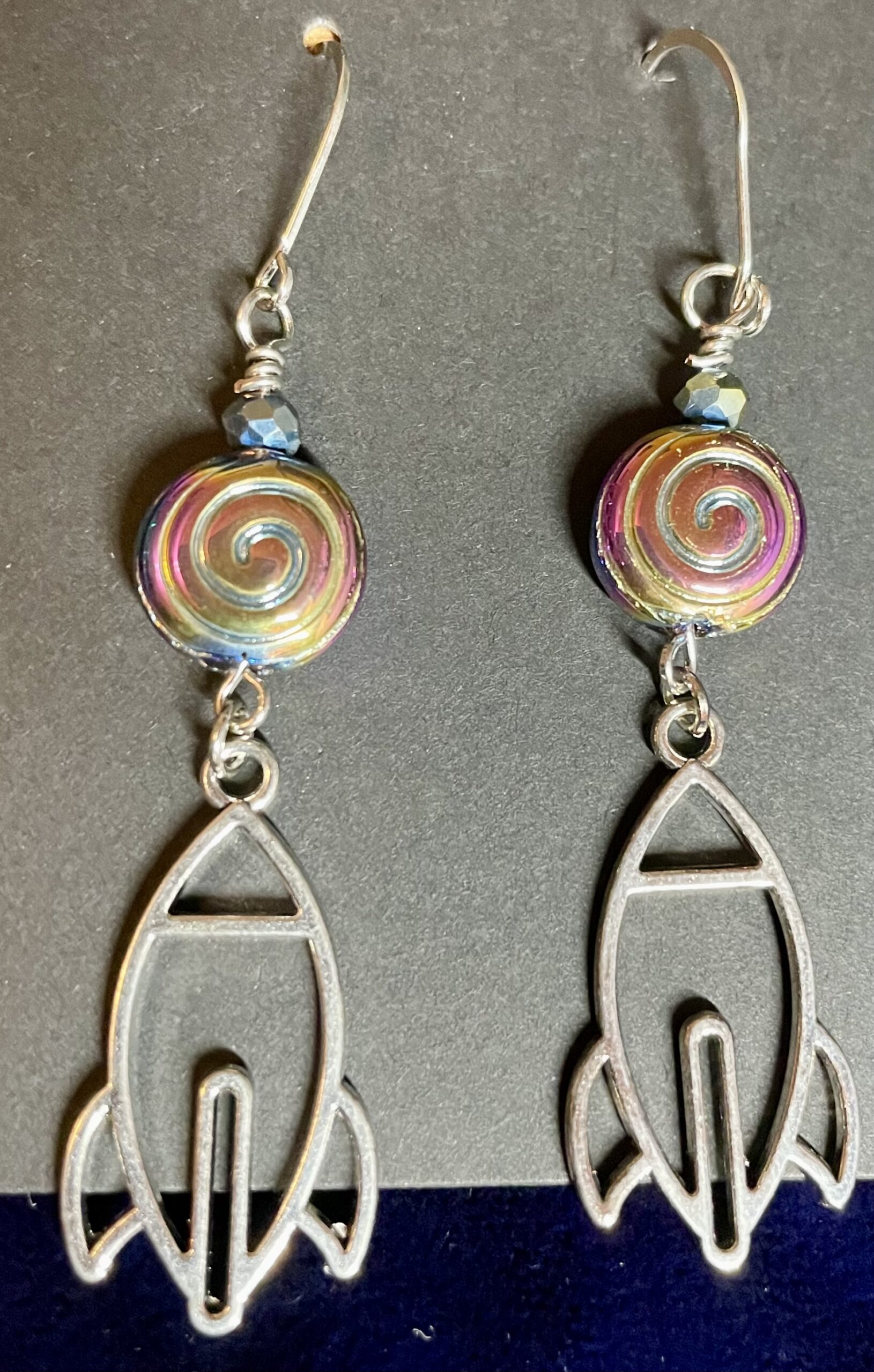 Iridescent Swirl Rocket Ship Silver Earrings