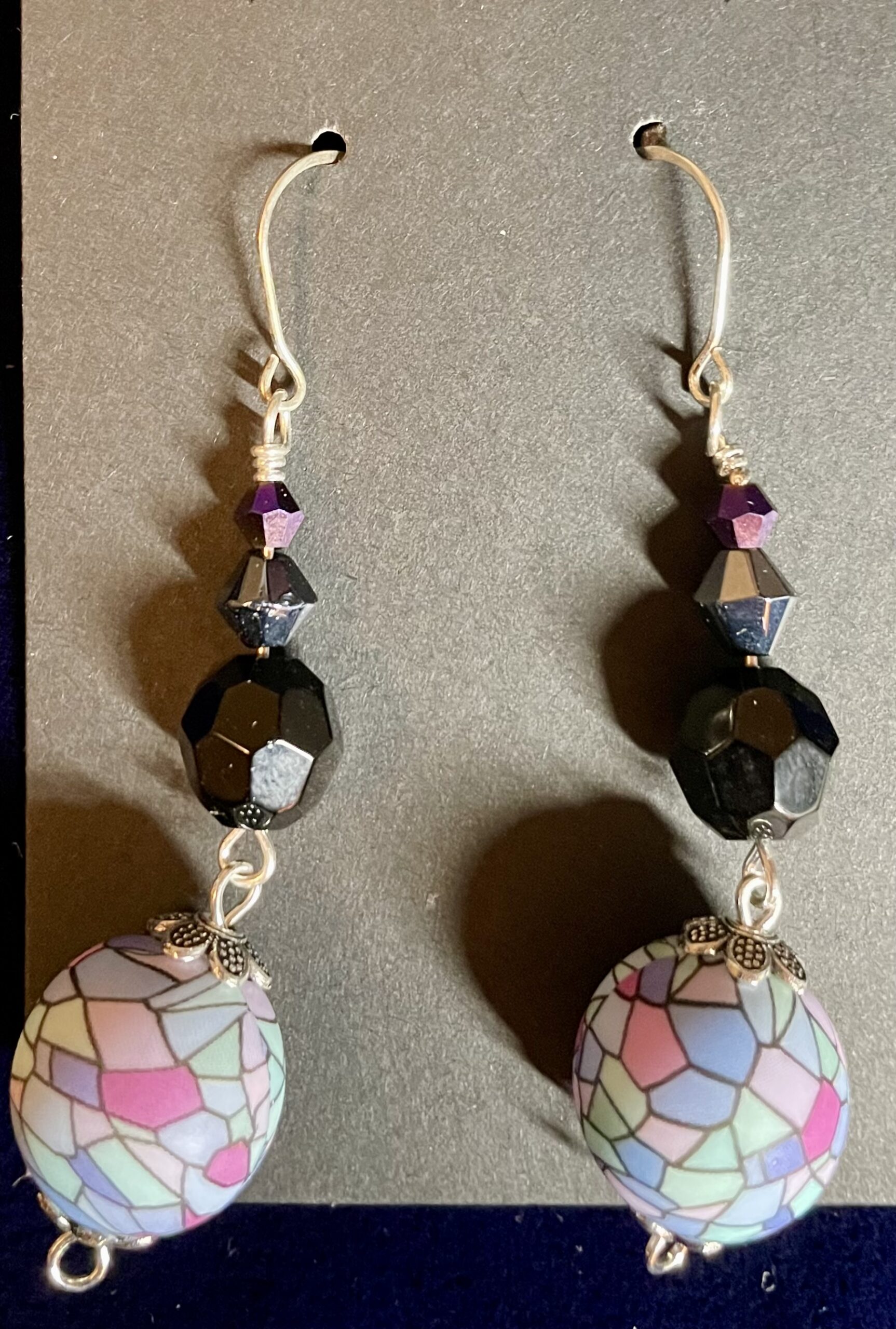 Purple, Black Bicone Crystal with Silicone Mosaic Dangle Silver Earrings