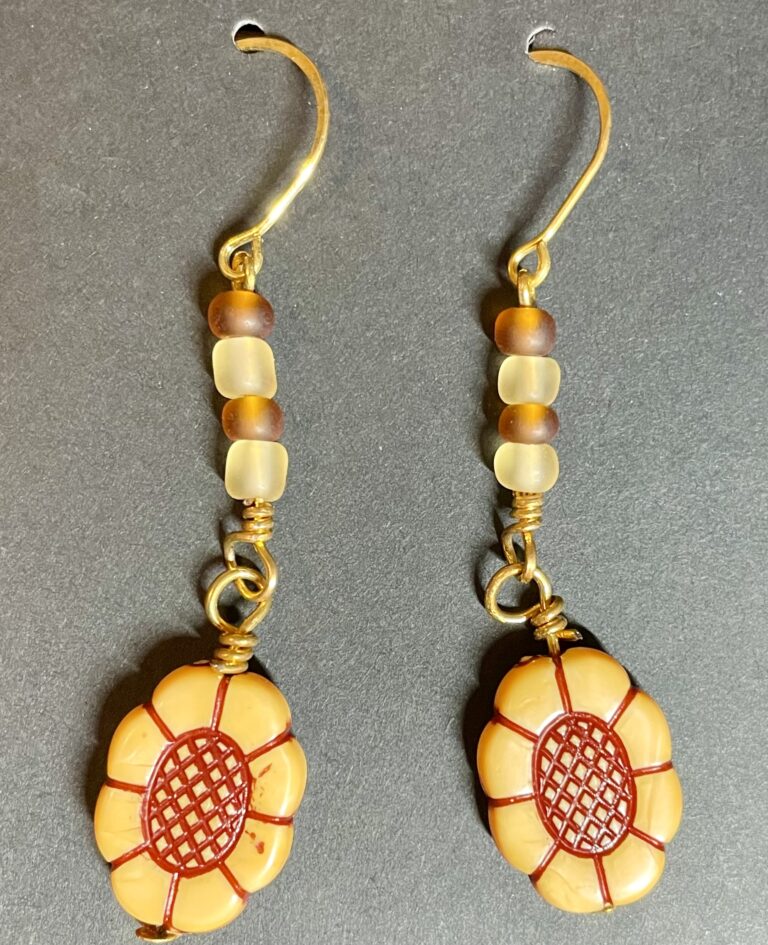 Brown and Yellow Matte Four-Stack with Sunflower Charm Gold Earrings