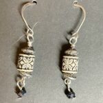Black and White Flower with Round Black Crystal Dangle Silver Earrings