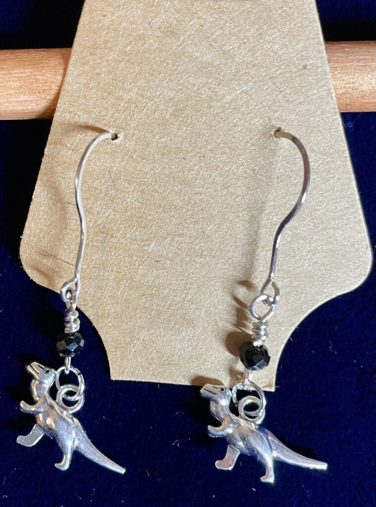 Dinosaur Earrings with Silver Wrap and Black Crystal