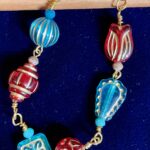 Teal and Red Czech Glass Beads with Round Crystals Gold Wire-Wrapped Bracelet