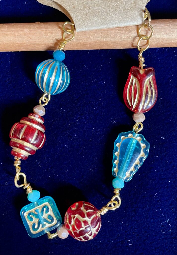 Teal and Red Czech Glass Beads with Round Crystals Gold Wire-Wrapped Bracelet