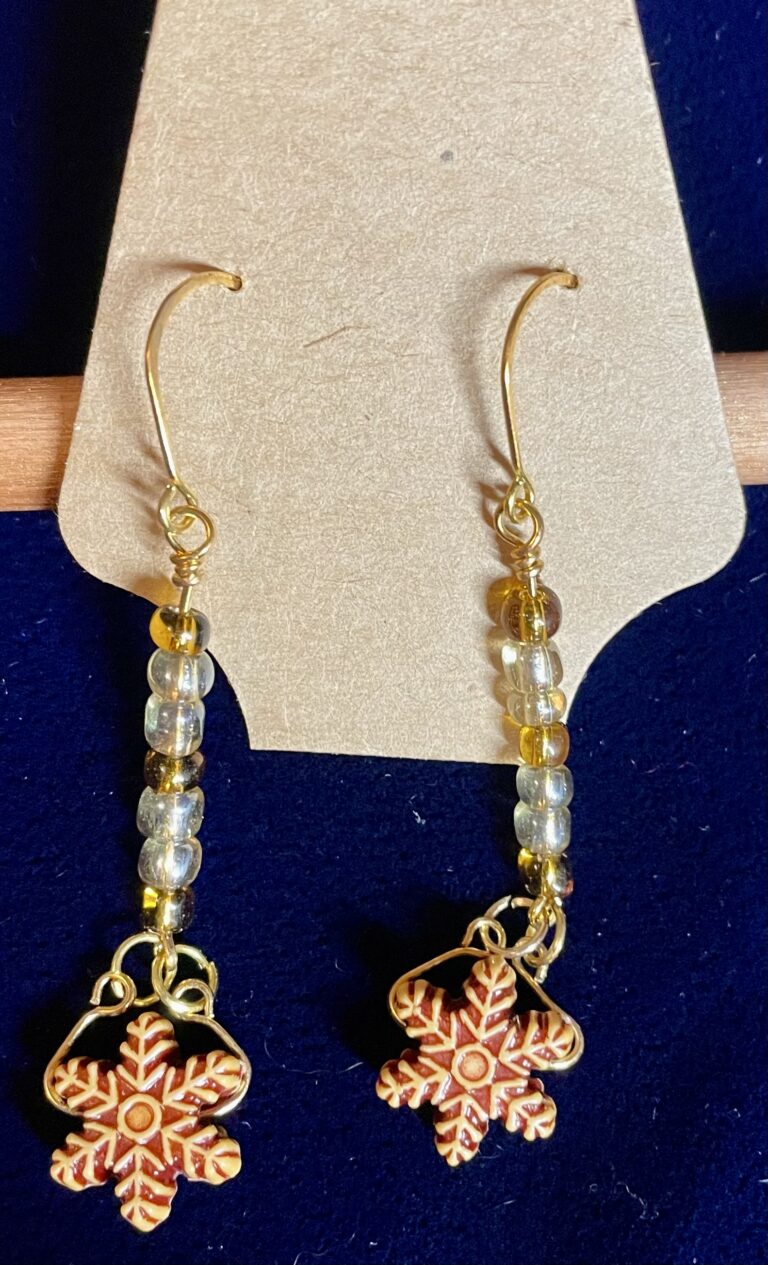 Glass Bead with Snowflake Dangle Charm Gold Earrings