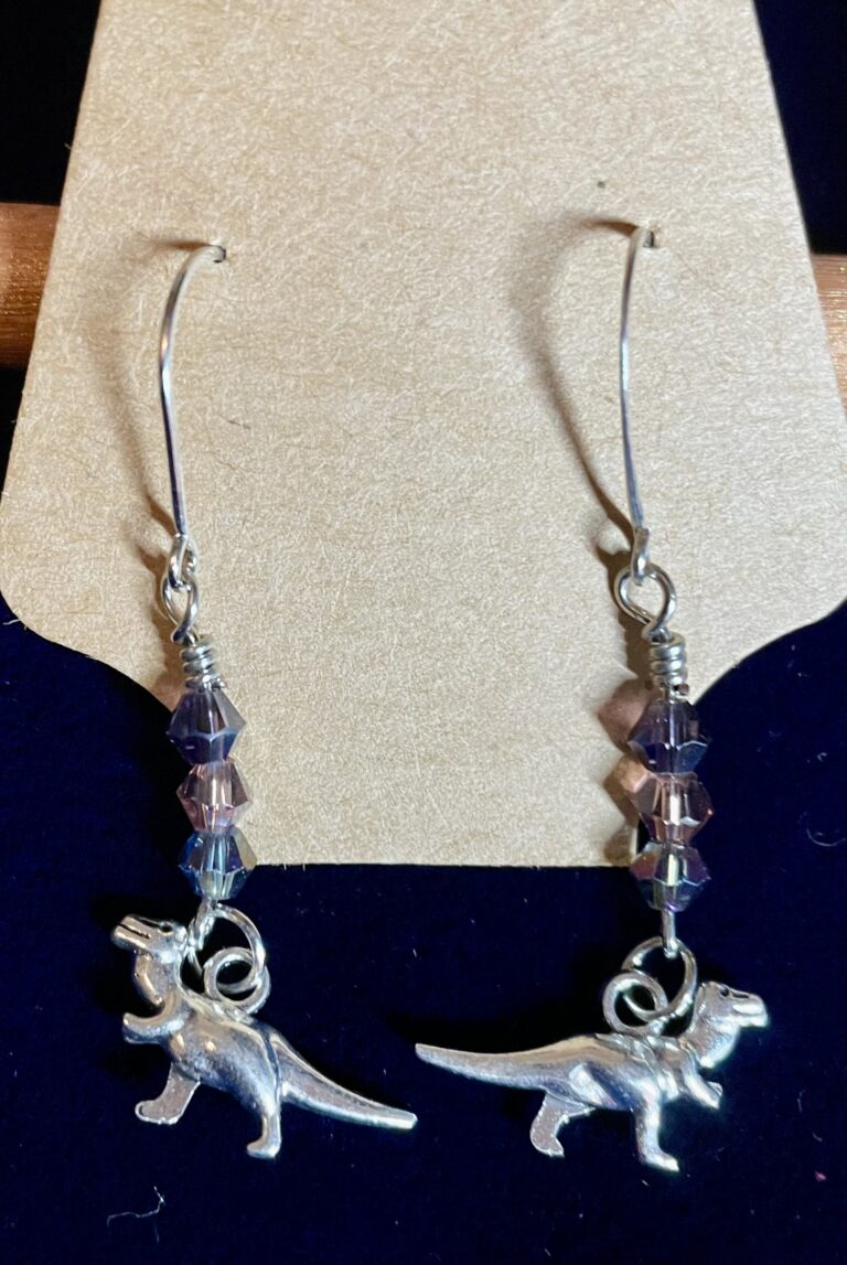 Dinosaur Earrings with Three-stack purple Bicorn Crystals Silver Wrap
