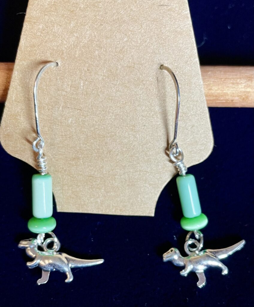 Dinosaur Earrings with Green Glass Beads Silver Wrap