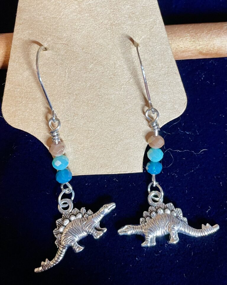 Dinosaur Earrings with Three-stack Crystal Beads Silver Wrap (Stegosaurus)