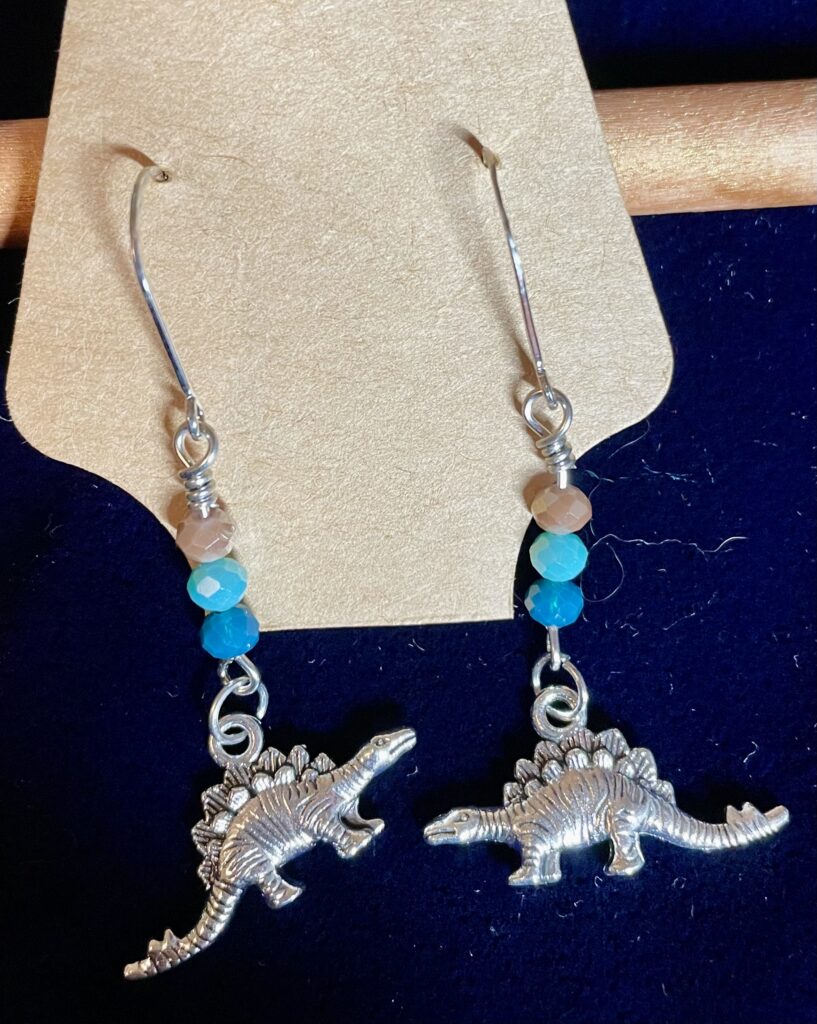 Dinosaur Earrings with Three-stack Crystal Beads Silver Wrap (Stegosaurus)
