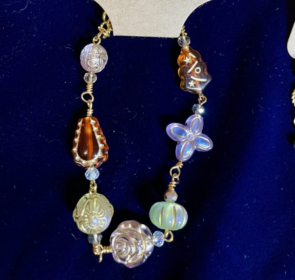 Czech Glass Bead Bracelet in Purple, Green and Amber with Gold Wrap