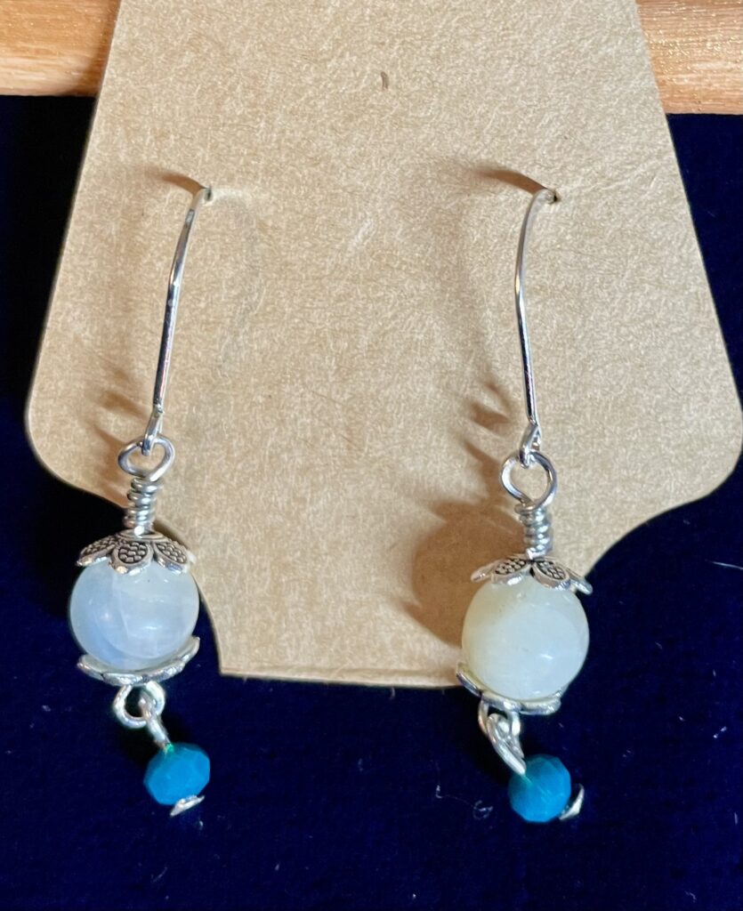 Quartz Bead with Blue Crystal Dangle Silver Wrapped Earrings