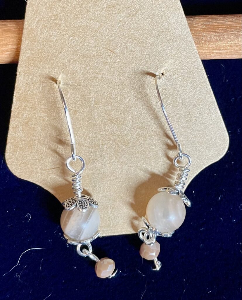 Quartz Bead with Brown Crystal Dangle Silver Wrapped Earrings