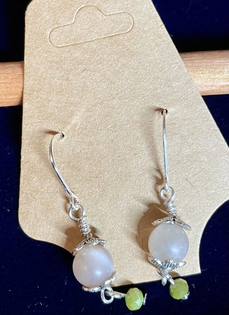 Quartz Bead with Green Crystal Dangle Silver Wrapped Earrings