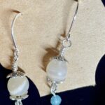 Quartz Bead with Light Blue Crystal Dangle Silver Wrapped Earrings