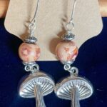 Mushroom Charm Silver Earrings with Wood Beads - Tall Boi