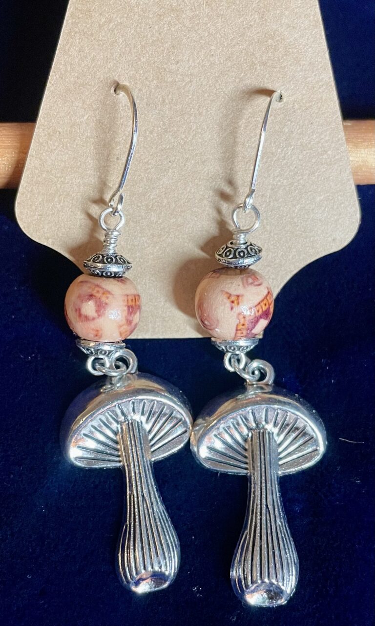 Mushroom Charm Silver Earrings with Wood Beads - Tall Boi