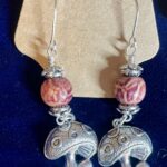 Mushroom Charm Silver Earrings with Wood Beads - Curvy