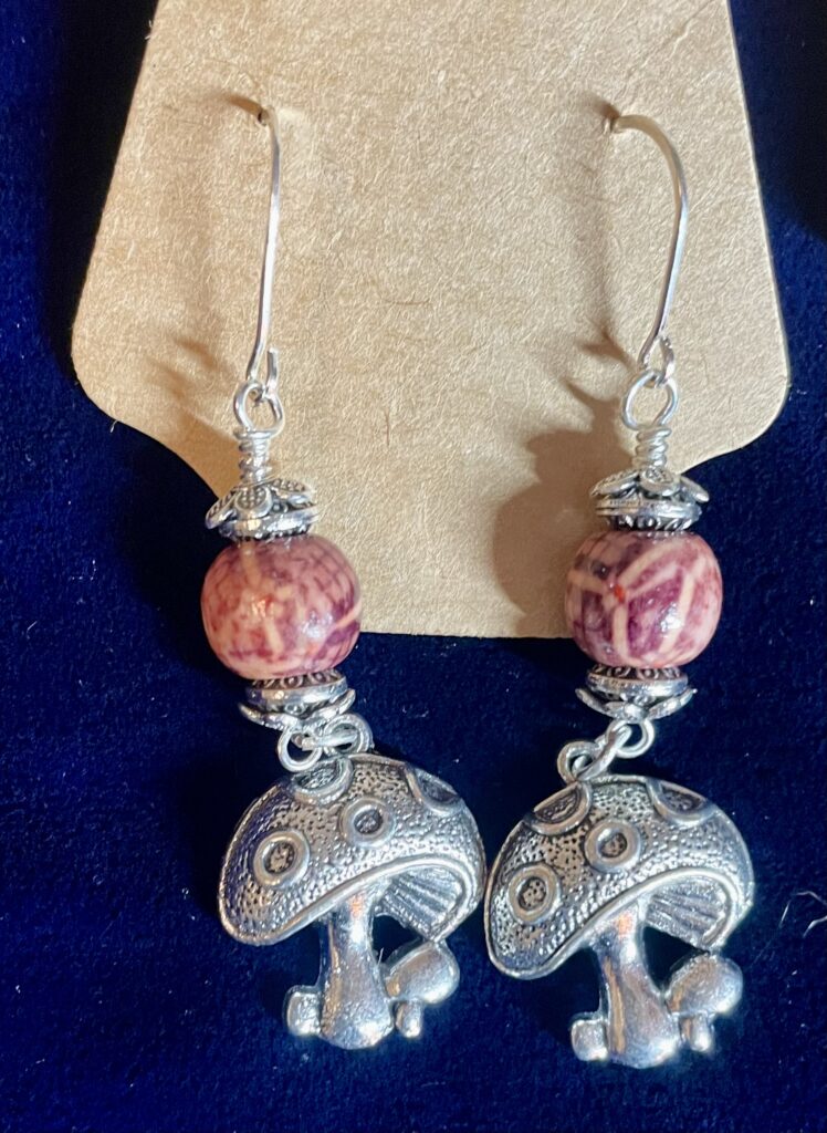Mushroom Charm Silver Earrings with Wood Beads - Curvy