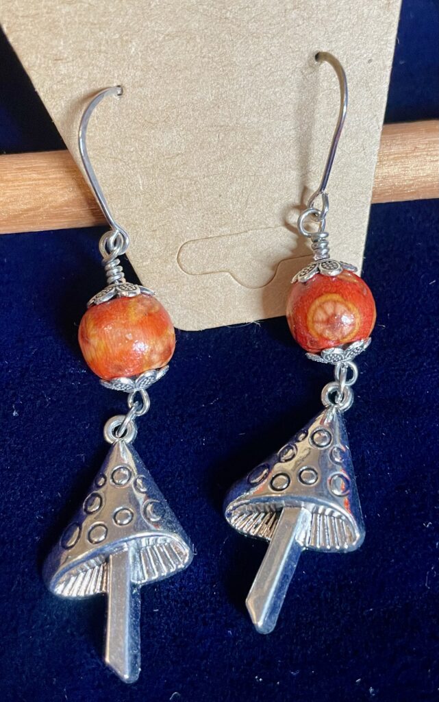 Mushroom Charm Silver Earrings with Wood Beads - Wizard Hat